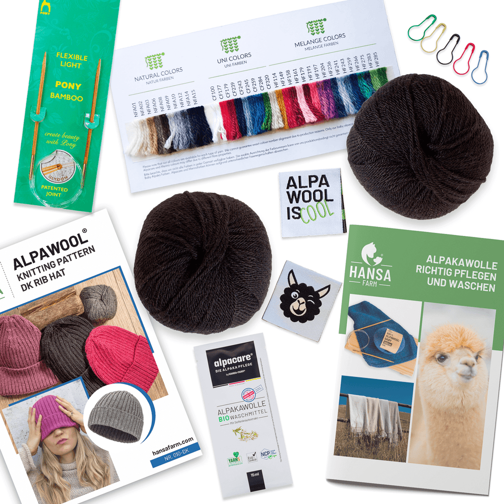 ALPAWOOL® Baby 100 Strick-Set Mütze Schwarz NFA15