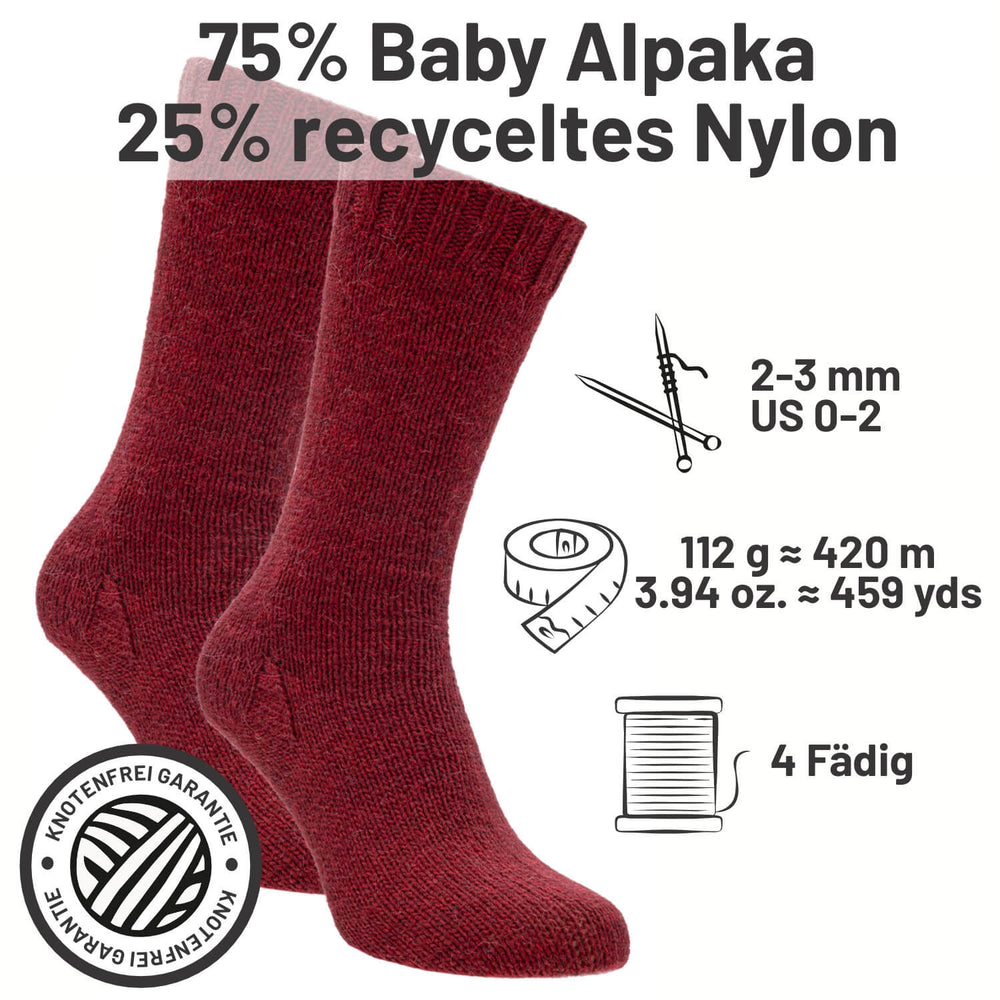 alpacare® Baby Socks waschbar HF179 - 2x112g Alpakawolle Weinrot Melange