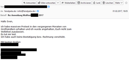 Alte Mail von Leute die uns in Wollfeste nicht haben wollten