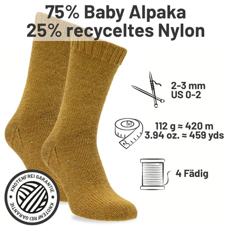 alpacare® Baby Socks waschbar HF114 - 2x112g Alpakawolle Senfgelb Melange