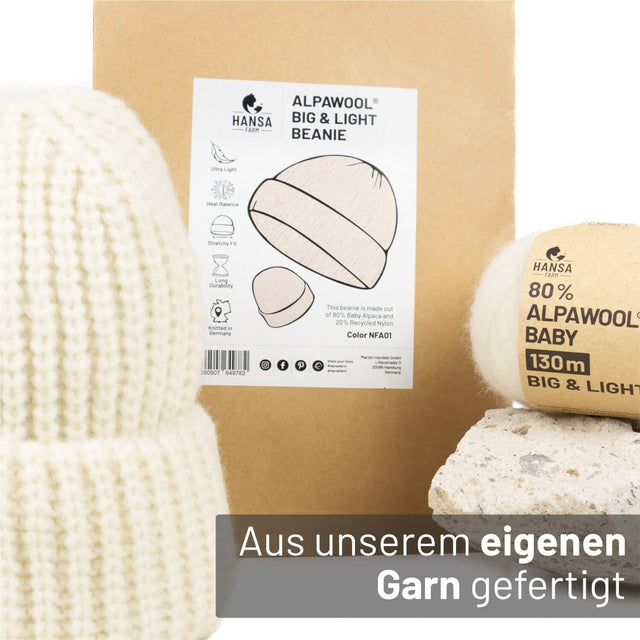 Bonnet ALPAWOOL® Baby Big &amp; Light pour femme et homme en laine naturelle blanche (NFA01)